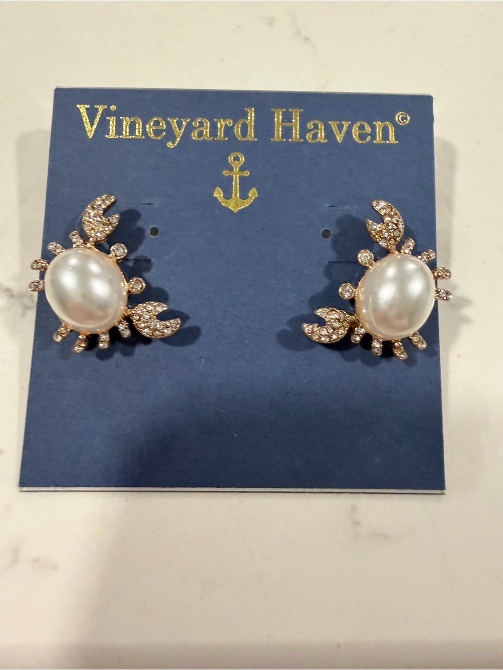 Gold Crab Pearl Stud Earrings in White